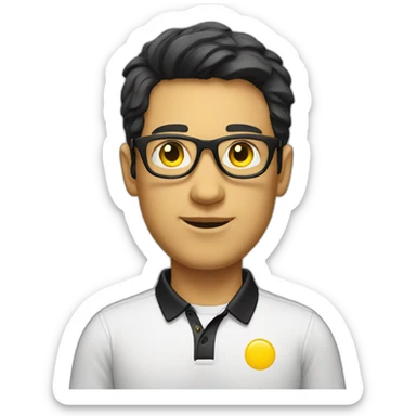 White man with yellow tinted glasses and black hair in a polo shirt sticker