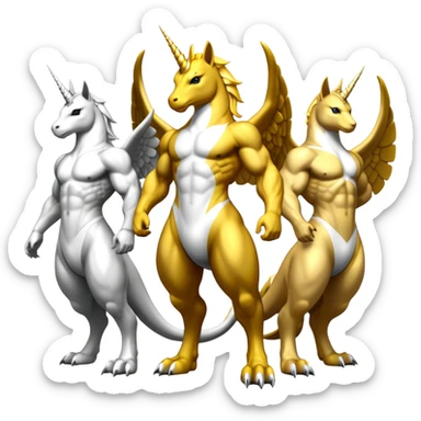 Three headed Mega neon unicorn dragon hydra hyper rare golden penguin Golden Divine god angel Omni Black and white Super muscular Buff sigma Gigachad cat full body tuxedo colored  sticker