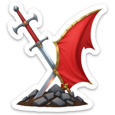 large sword inspired by Guts' sword from Berserk driven into the ground with a red banner waving behind it featuring a dragon head symbolizing the start of a hunt clean epic easily recognizable emoji style WhatsApp emoji sticker