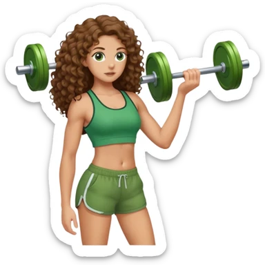 white girl with long brown curly hair in green top and shorts holding weight on her back sticker