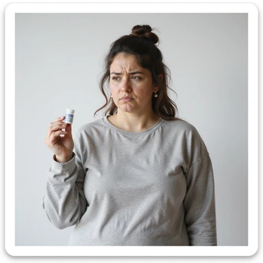 hyperrealistic 4K vertical 9:16 image of a woman with insulin resistance, tired and disappointed face, holding Metformin, slightly overweight body, isolated white background sticker