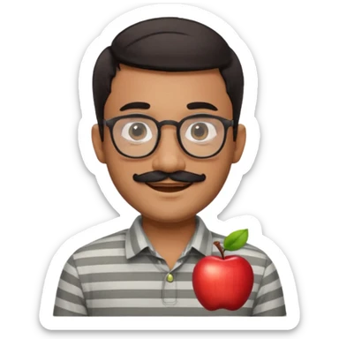 cheerful young South Asian man, short dark hair, round glasses, thick black mustache, light grey striped collared shirt, smiling, Apple emoji style, friendly and welcoming sticker