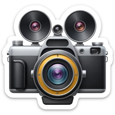 Minimal emoji icon of a huge cinematic metalic camera, front view, realistic lens, no gold sticker