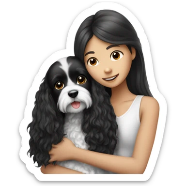 Black and white cavoodle getting hugged by long hair Asian girl sticker