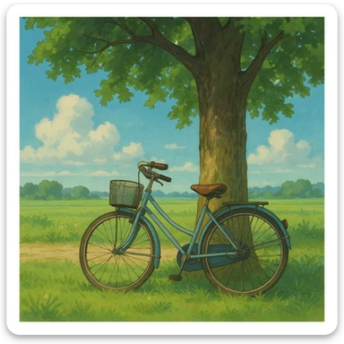 bicycle leaning against a tree, ghibli style sticker