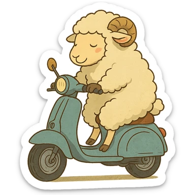 ghibli style cartoon sheep on a scooter sticker