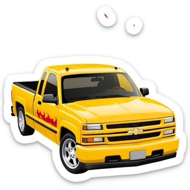 Bright yellow 1997 Chevrolet Silverado with authentic red flame print decal across the front hood, precise Kill Bill movie detail, 30-degree angle, iOS emoji style sticker