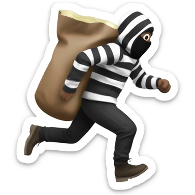 A robber in striped black and white clothes with a black ￼ski mask on running away with a brown sack of money on his back  sticker