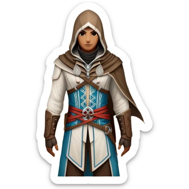 icon featuring Assasin's Creed in an iconic assassin's hood, standing tall against the backdrop of Florence. The design captures the essence of adventure, with intricate details of historical architecture and a sense of mystery. The character is poised, ready for action. transparent background. sticker