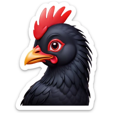 Cinematic Cute Black Chicken Portrait Emoji, Head tilted playfully and inquisitively, featuring sleek, lustrous black feathers and a vibrant red comb, round, sparkling beady eyes filled with curiosity, Simplified yet irresistibly adorable features, highly detailed, glowing with a warm, friendly glow, high shine, affectionate and lively, stylized with a touch of whimsical charm, bright and endearing, soft glowing outline, capturing the essence of a mischievous yet loving chicken, so playful it feels like it could peck out of the screen and into your arms! sticker
