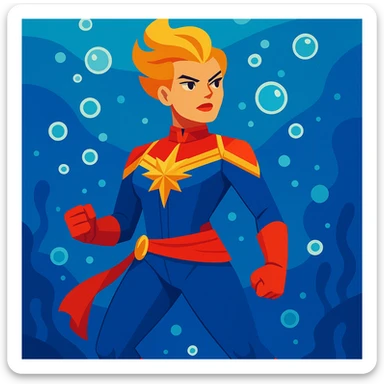 Captain Marvel underwater, heroic stance, bubbles, vibrant toon style sticker