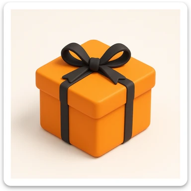 3D style orange Hermès box, same square shape and proportions as reference, with a black ribbon tied in a bow, minimal, no logo, on white or transparent background sticker