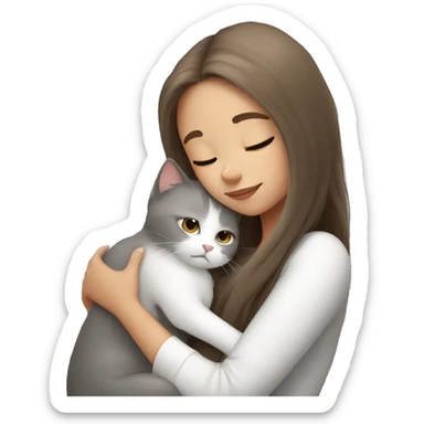 White grey cat cuddling brown long hair girl sticker