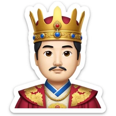 Cinematic Realistic King Sejong Portrait Emoji, depicted as a wise benevolent monarch in traditional Korean royal attire with a thoughtful gaze, rendered with intricate textures and regal soft lighting that captures his historical significance. sticker
