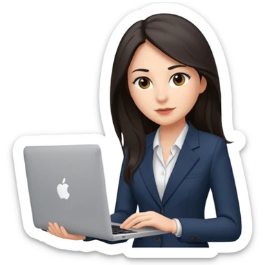 Sales women specialist in shipping with dark long hair with suits and MacBook  sticker