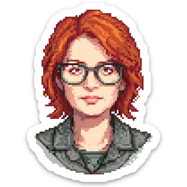 A middle-aged woman with red hair and glasses sticker