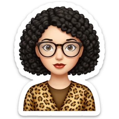 A women who wears glasses with a black curly hair, in a leopard print dress  sticker