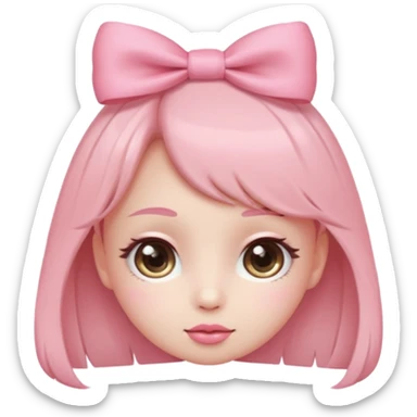 Cute coquette emoji, round face, big sparkling eyes, soft blush on cheeks, small pink bow on top of the head, pastel colors, simple vector style, transparent background


 sticker