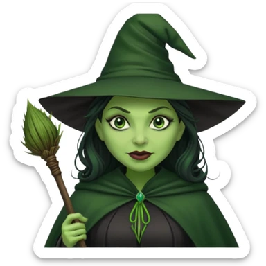 elphaba wicked witch with broom close up, evil dark coily long  hair, green skin, thick green lips, cheekbones, smirk evil menacing cythia erivo dark aesthetic black hat cloak  sticker