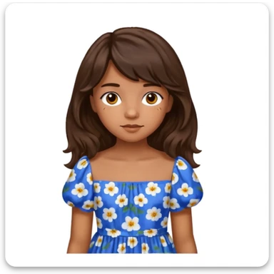 Teenage girl with golden brown skin, chocolate brown eyes, dark wavy hair with curtain bangs, and blue floral dress sticker