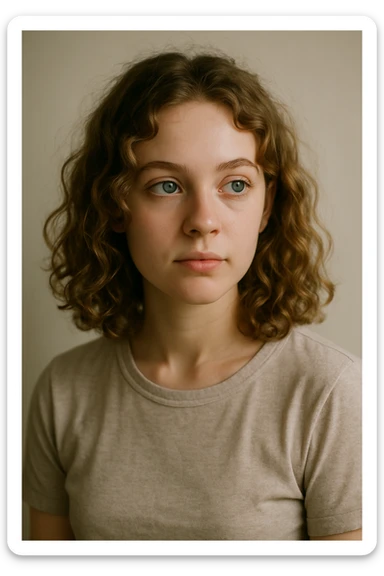 white girl, dark blonde shoulder length curly hair, blue-green eyes, looking to the side, upper body sticker