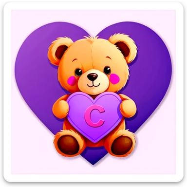 teddy bear holding a lilac heart with the a pink letter C inside the heart sticker