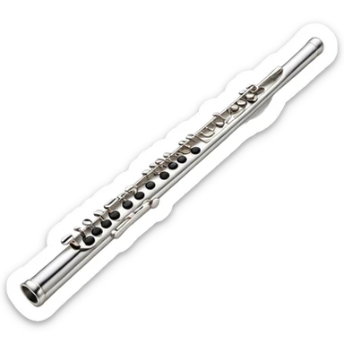 Cinematic Realistic Flute, polished silver metal with precise keywork, soft reflections of warm light dancing along its length, a musician’s delicate fingers pressing the keys, glowing with a sleek and elegant charm. sticker