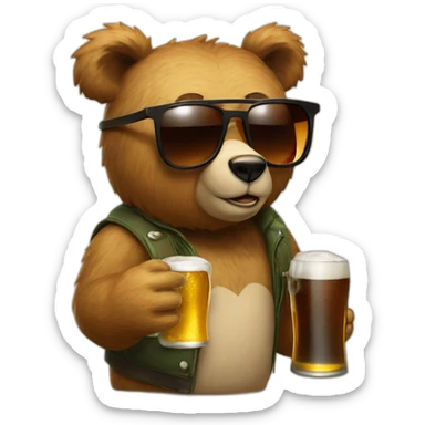 Humanoid bear with sunglasses and a beer sticker