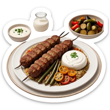 Cinematic Realistic image of a long, hand shaped Turkish Köfte, rendered with richly spiced meat textures and subtle grill marks, artfully arranged on a traditional Turkish ceramic plate alongside classic sides such as a serving of aromatic pilaf, crisp grilled vegetables, and a dollop of creamy yogurt, all bathed in warm, appetizing lighting that emphasizes its savory allure. sticker