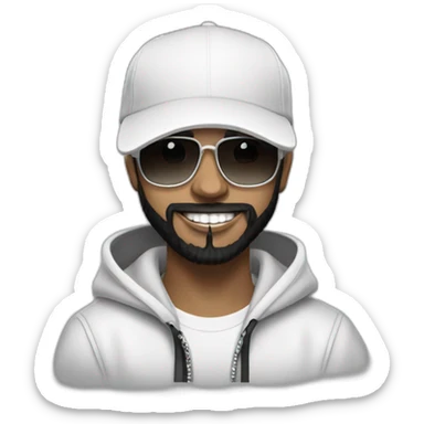 young-rapper-with hoop-white skin-black hair-beard-bichon dog-white-smile sticker