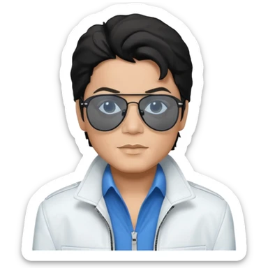 Michael Jackson is white, wearing completely black smokey Ray-Ban glasses, a white jacket, and a blue shirt. sticker