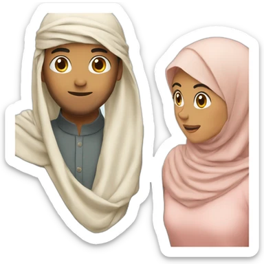 muslim girl trying to put her hijab but with wind and her husband holding her veil so it doesnt go fly away sticker
