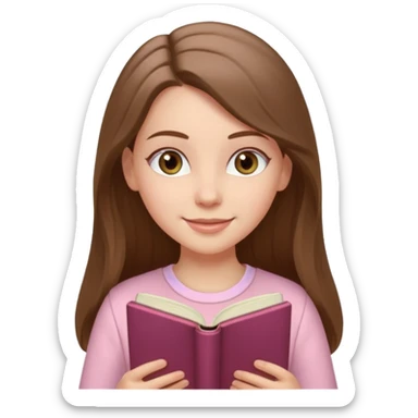 happy white long brunette hair girl with hazel eyes wearing light pink reading a book  sticker