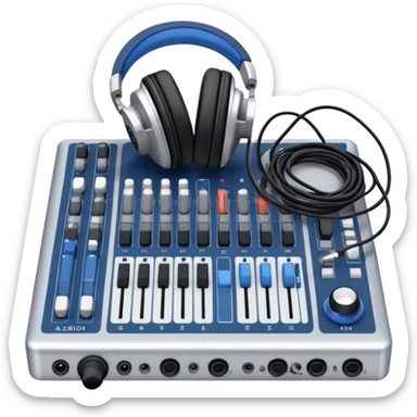 Create a professional and technical emoji that represents sound engineering. The design should feature a sound mixing console with faders, a pair of studio headphones, and audio waveforms to symbolize the precision and technicality of sound mixing and mastering. Include elements like a microphone or audio cables to reflect the recording aspect. Use colors like silver, black, and dark blue to represent the technical, yet artistic side of sound engineering. The background should be transparent. sticker