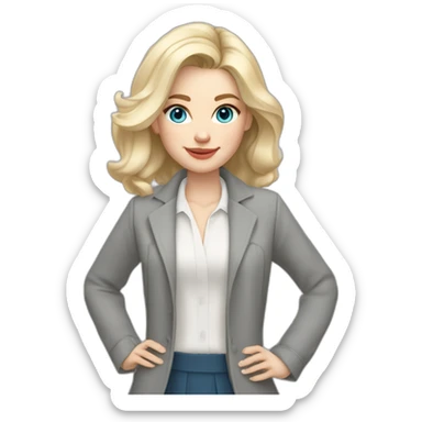 pale skin woman interior designer with cold blonde middle length hair, blue eyes, White blouse, Gray oversize jacket, Gray skirt holding a color palette in the hands sticker
