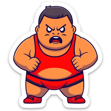 Close-up of white skin fat guy with young face, no muscle with prominent black durag, completely shaved face, no beard or mustache, black eyes in a red and black wrestling singlet with angry face sticker