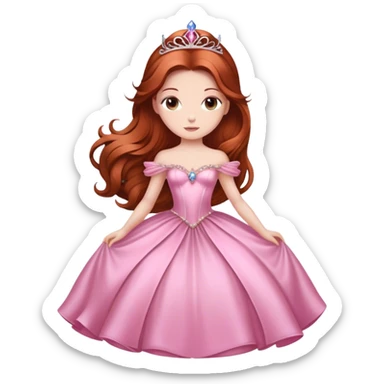 Cinematic Majestic Sleeping Beauty Portrait Emoji, rendered in a clean, vector-style with bold, simplified shapes. Show Aurora with a serene, noble expression, luminous porcelain skin, and elegantly flowing auburn hair, dressed in an opulent pink ball gown. The design radiates a majestic, enchanted glow with high shine and a soft glowing outline, embodying classic royal elegance. sticker
