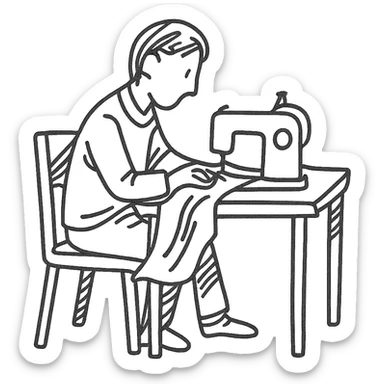 hand-drawn outlined icon of a tailor sewing, sketchy lines sticker