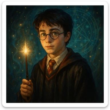 Harry Potter character with round glasses, lightning scar, wizard robe, magical style sticker