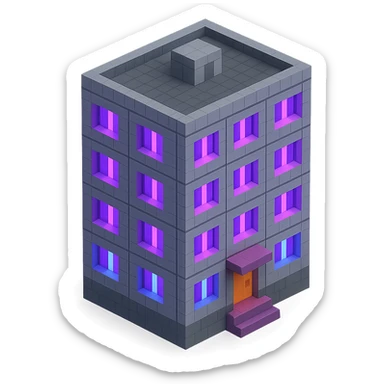 voxel style Russian panel apartment building with fewer blocks, gray concrete, windows glowing with ultraviolet (UV) color, isometric view sticker