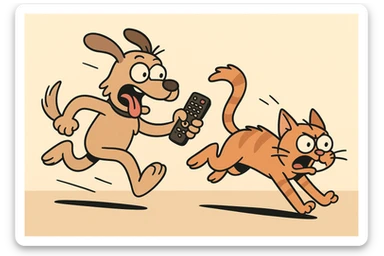 a dog holding a remote, in mid-chase after a cat, dynamic and funny, cartoon style sticker