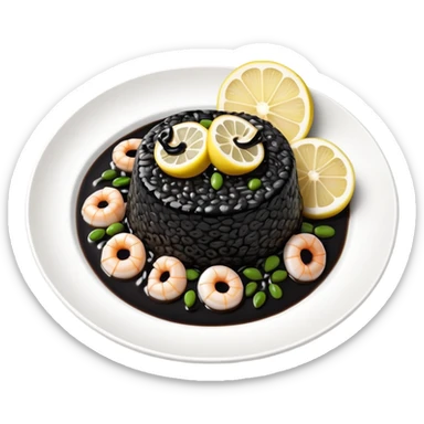 cinematic-realistic-black-risotto-dish,-showcasing-small squid pieces in black sauce -rendered-with-bold-textures-and-dynamic,-dramatic-lighting in a white plate with a grilled lemon on top sticker