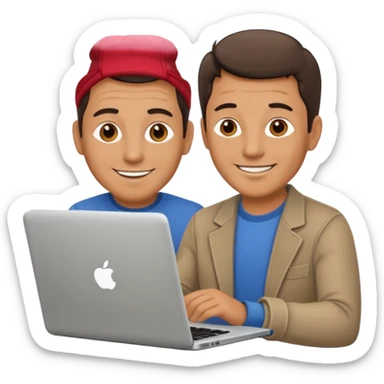 middle aged man looking at laptop and writing and smiling sticker