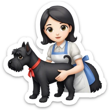 pale girl with long back hair wearing apron holding black schnauzer sticker