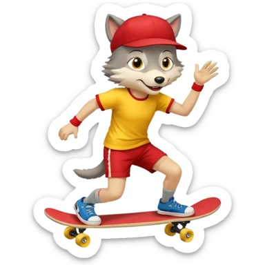 A gray wolf with large, expressive eyes and a friendly smile. The gray wolf is wearing a bright yellow T-shirt, red shorts, white knee socks, and sneakers. The baseball cap is on backwards. The wolf is preparing to perform a skateboarding trick. sticker