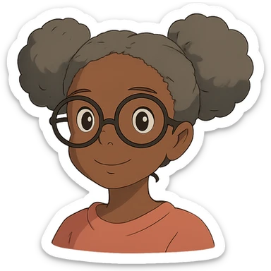 african american girl head with oversize glasses and gray hair in bunches, ghibli style sticker