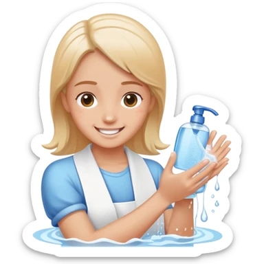 person washing hands with soap and water, cheerful expression, simple and clear sticker