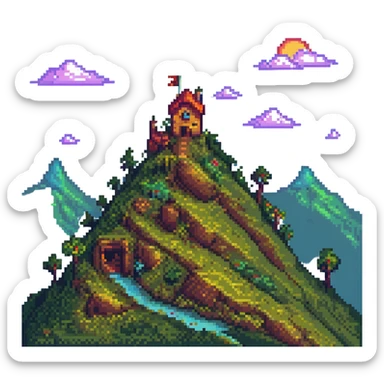 a house on a hill, pixel art style, blocky shapes, vibrant colors, retro video game look sticker