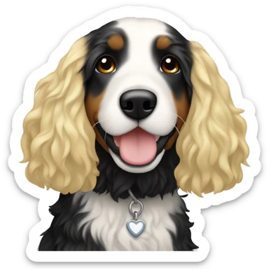 white woman with blonde hair with one black and white bernedoodle sticker