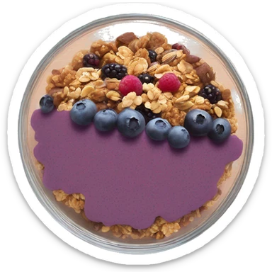 Açaí in a clear bowl layered with milk berries and granola sticker